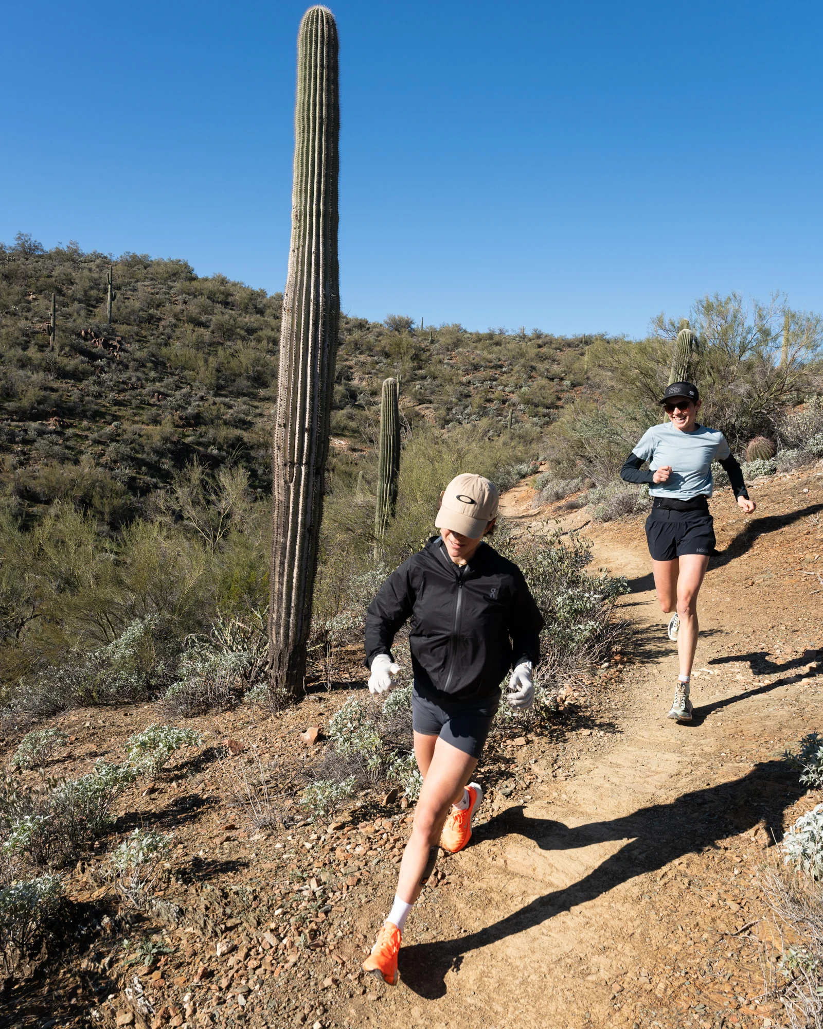 Two runners descend a sunlit desert trail between saguaro cacti.