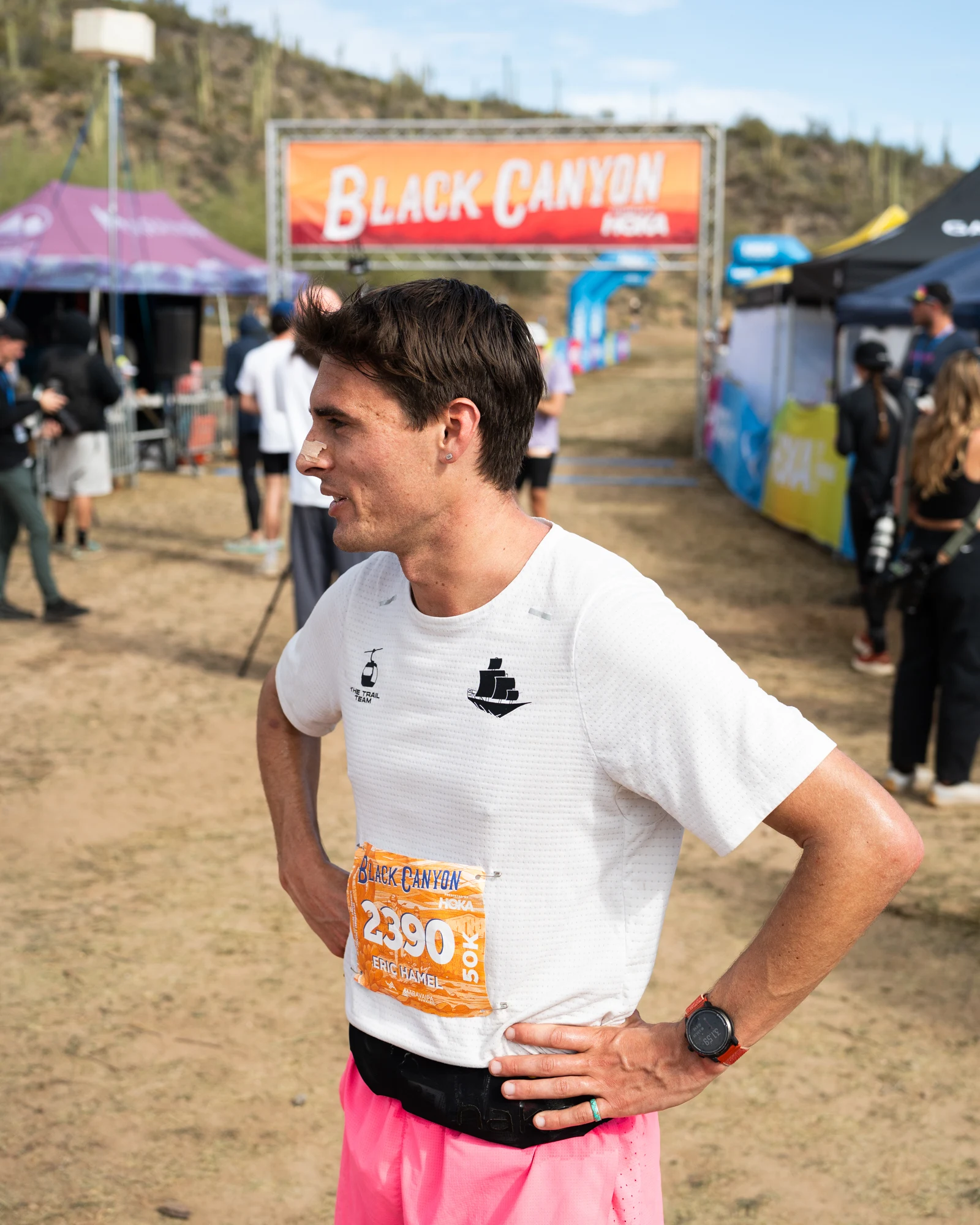 A Ponderosa Pirates runner stands near the finish at Black Canyon 50K.