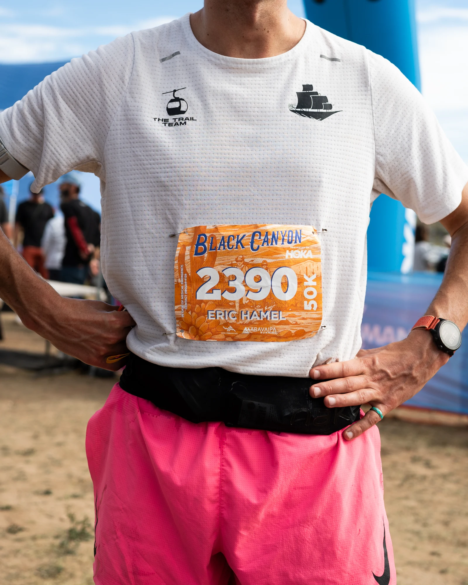 A close view of a Ponderosa Pirates runner's Black Canyon 50K race bib.